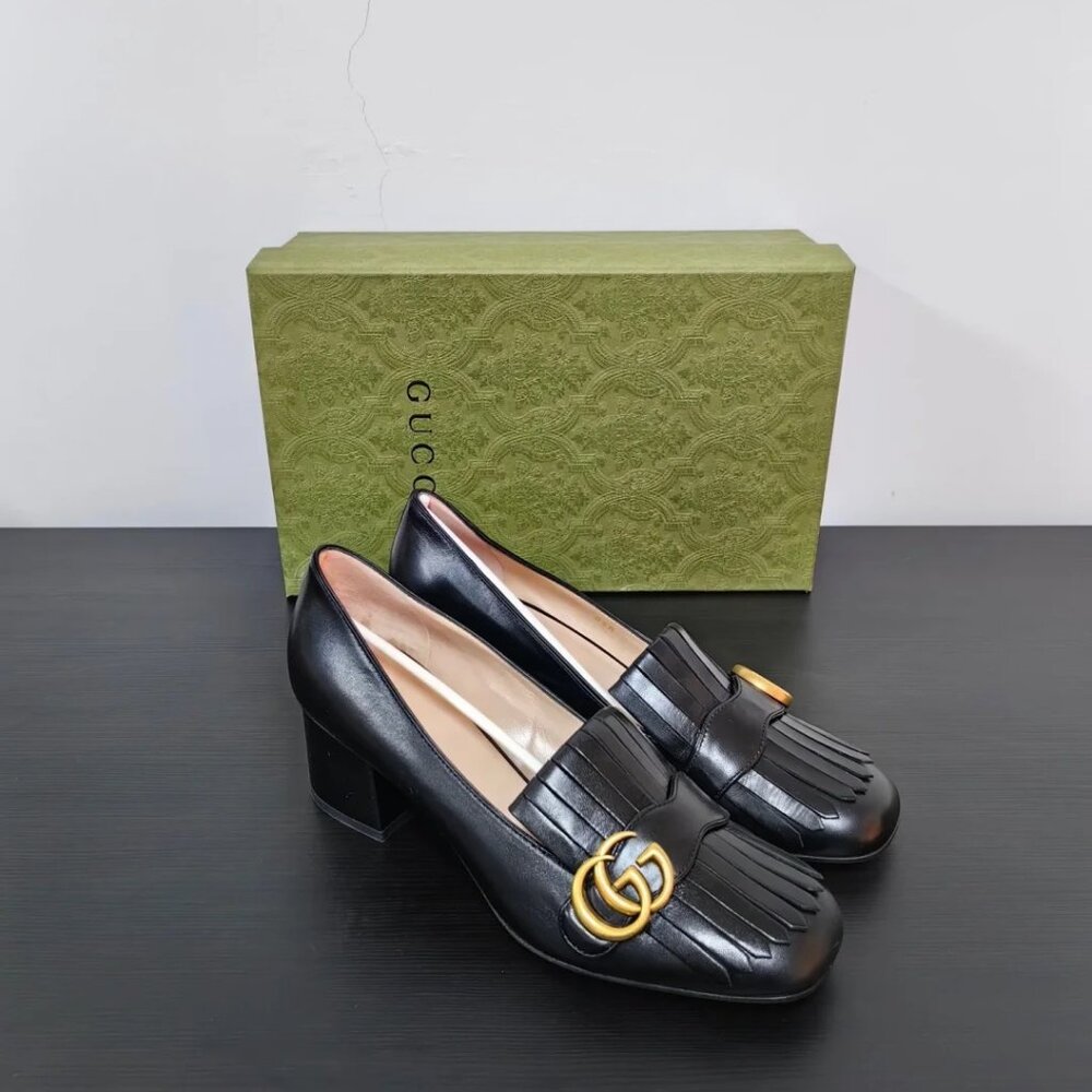 NIB Gucci Women's Black Leather Mid-Heel Marmont Pump Size 34.5